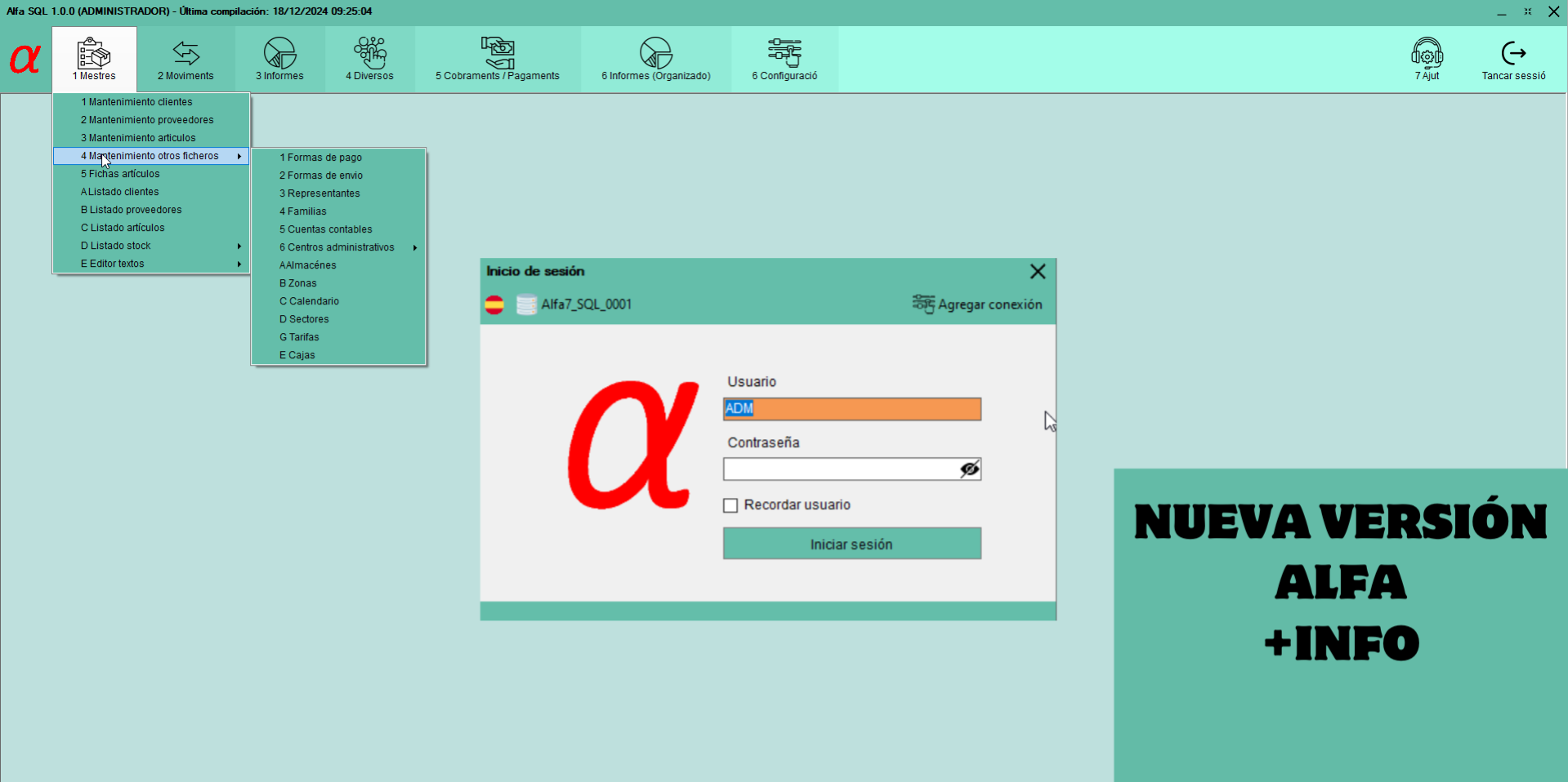 Imagen de inicio de nueva versión de ALFA ERP SQL